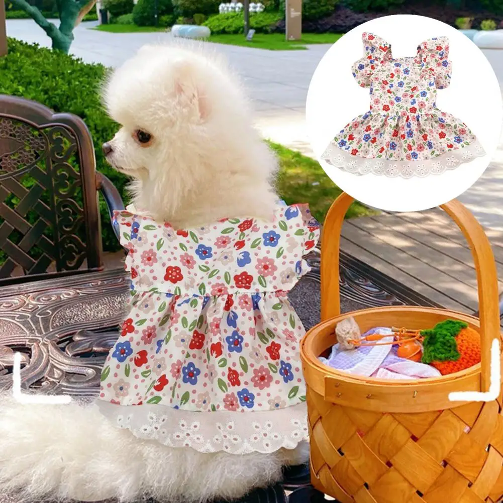 Pet Dress Breathable Colorfast No Pilling Washable Sweat-absorbent Dress Up Flying Sleeve Lace Floral Dog Apparel Pet Product