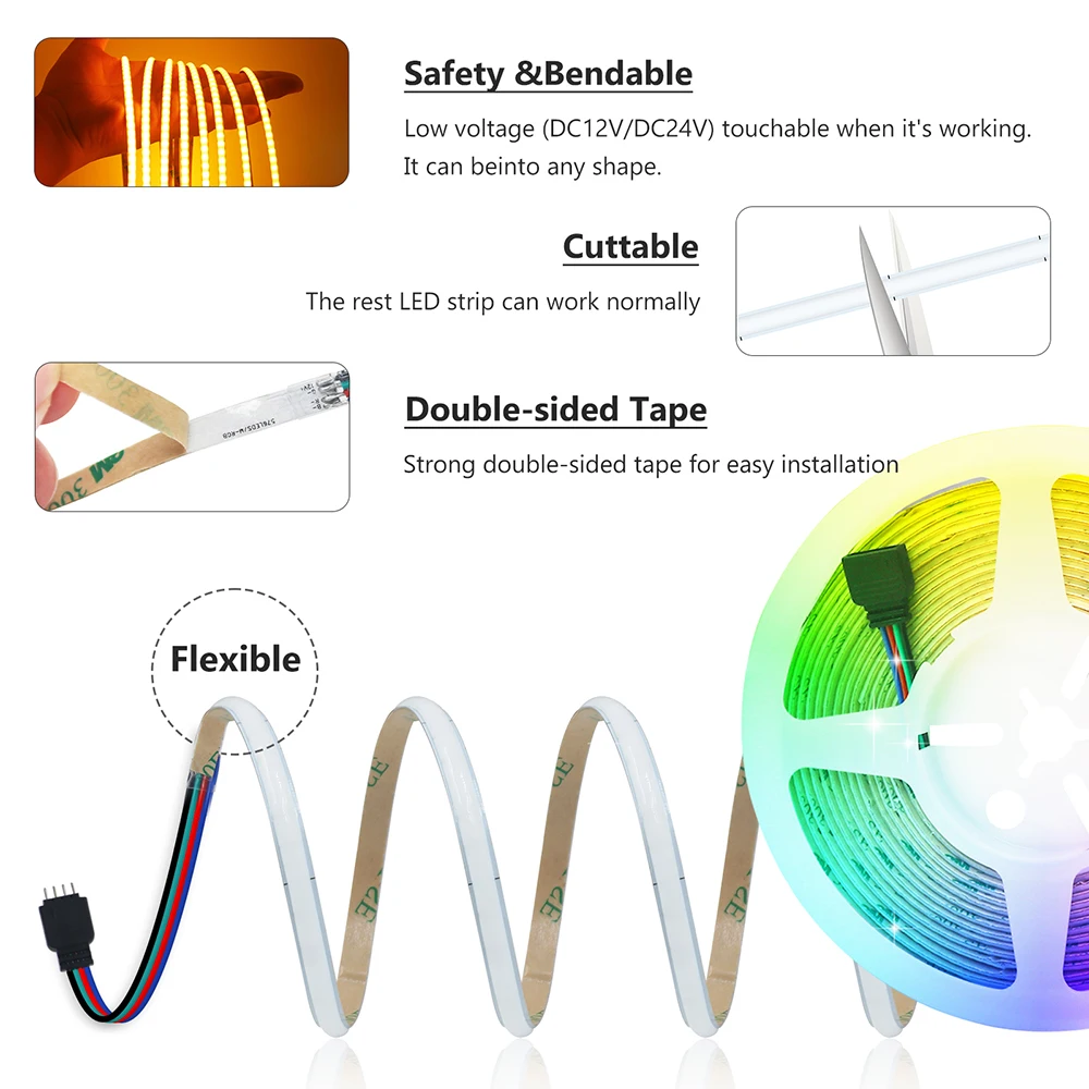 1/2 لفة 5 مللي متر PCB RGB COB LED قطاع ضوء واي فاي بلوتوث التحكم عن بعد محول الطاقة عدة تيار مستمر 12 فولت 576 المصابيح/م 0.5 متر 1 متر 2 متر 3 متر 4 متر 5 متر