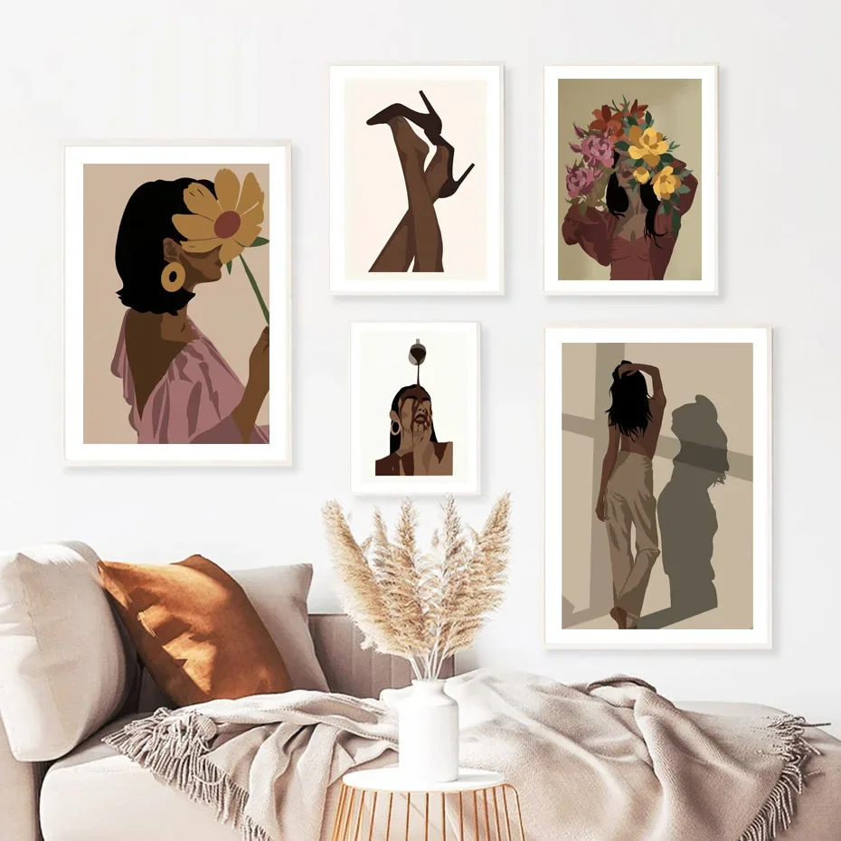 Bohemia Supermodel Illustration Bikinis Black Girl Flowers Sexy Heels Wall Art Canvas Posters African Home Pictures Room Decor