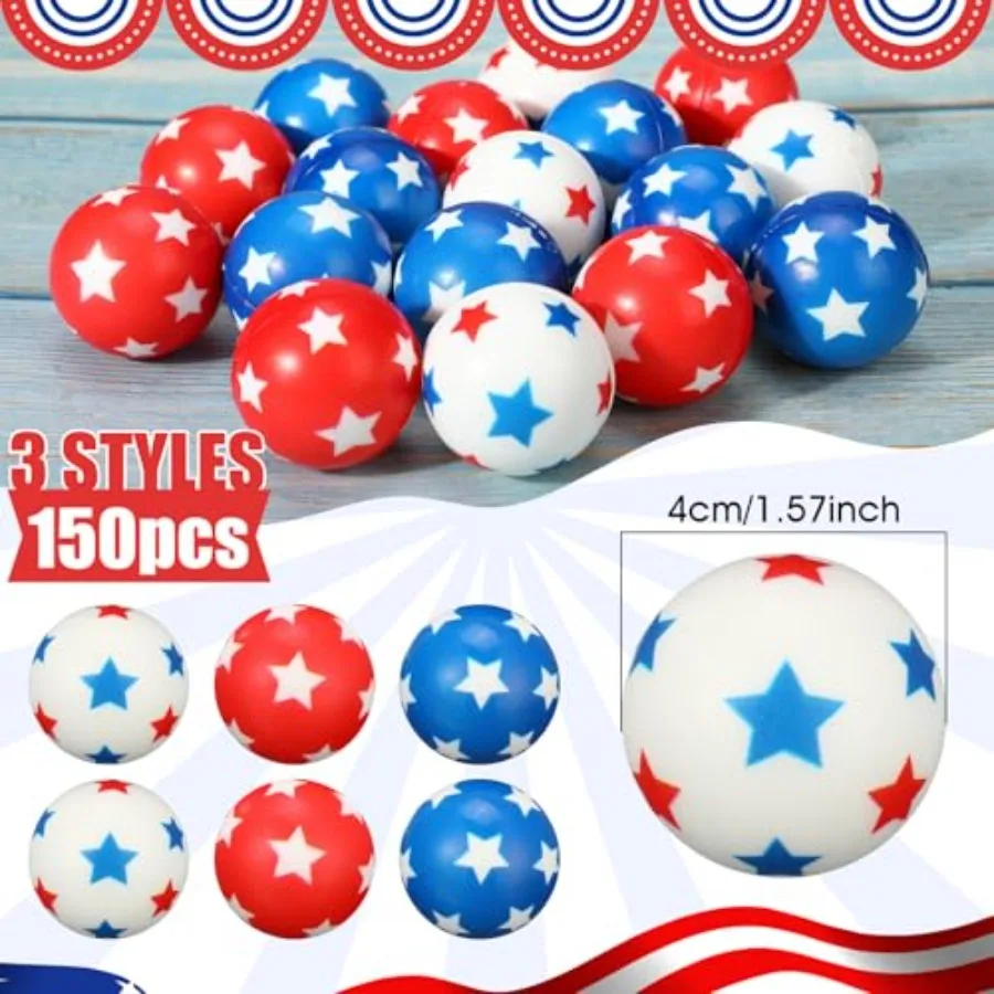 4th of July stress balls for party supplies, rubber, red white blue, 150 pcs bulk mini 1.57-inch patriotic American flag fidget