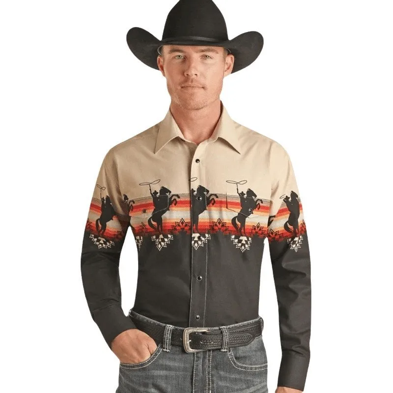 Printed Shirt Collar Fitted Ethnic with Fitted Silhouette Spring Print Detail Ethnic Style Open Front Long Sleeve Men Shirts