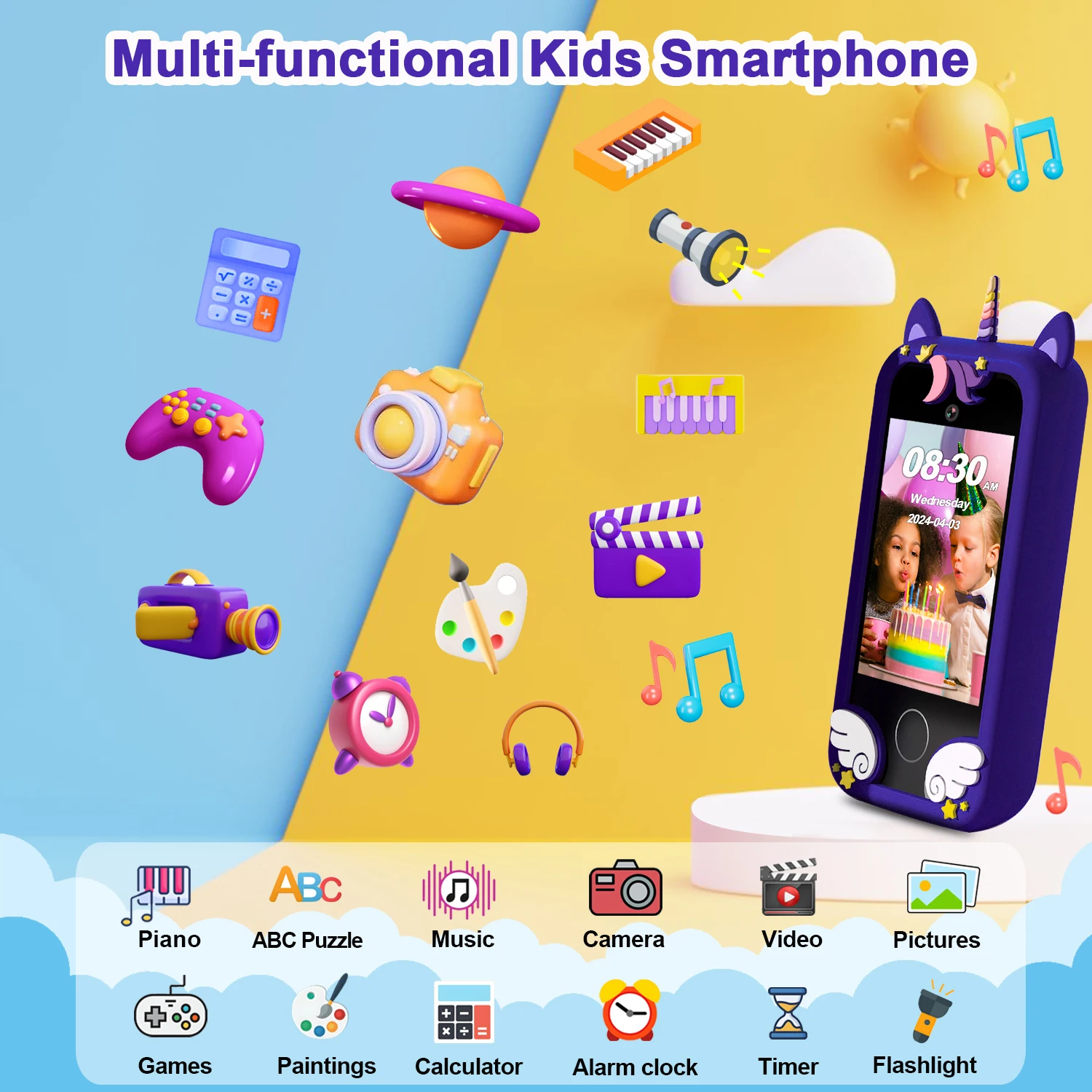 Operação com tela sensível ao toque para telefone infantil, câmera de 48 MP, suporta gravação de vídeo HD 1080P Equipado com uma placa de memória de 64 GB e leitor de cartão