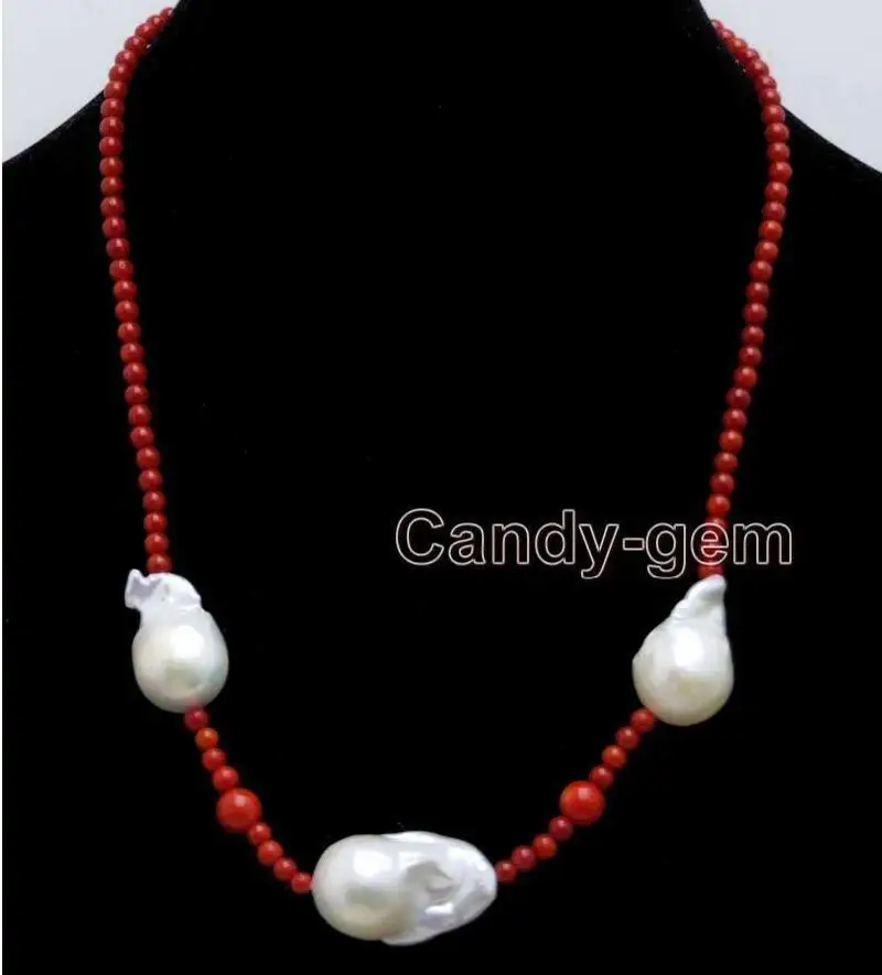 

Fashion jewelry 14*25mm White Baroque Nuclear pearl & 3-4mm Red Coral 18'' Necklace