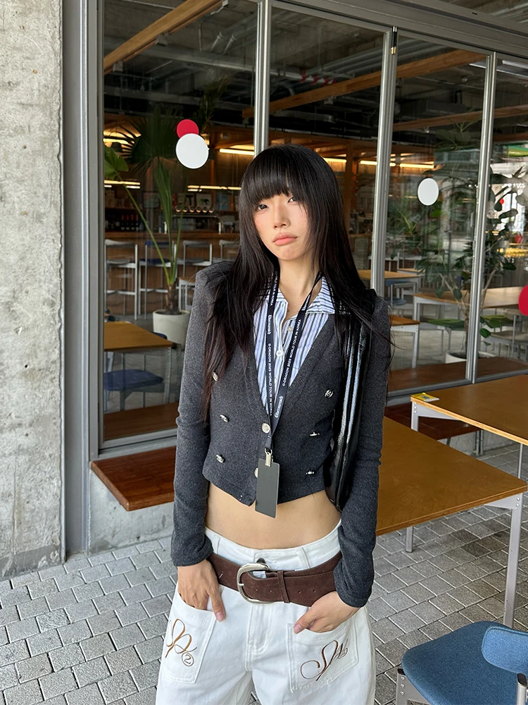 Seeslim إنجلترا نمط المرقعة وهمية قطعتين بلايز الخريف تي شيرت ملابس حريمي كم طويل 2000s الملابس Y2k تيز أنثى شيك