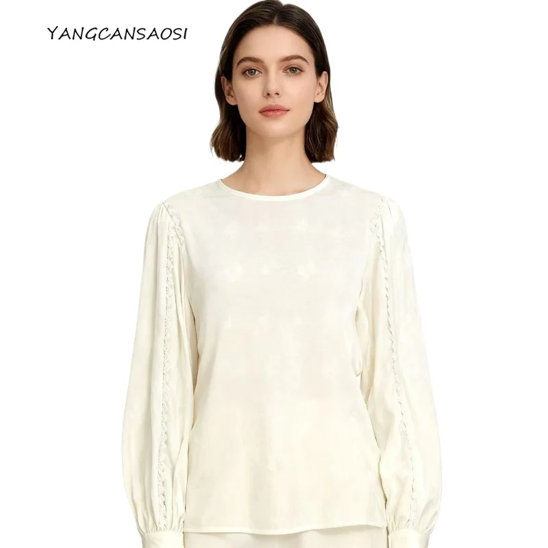 

2025 Women's Autumn French Retro Top French Retro 93% Natural Mulberry Silk Elastic Satin Round Neck Long Sleeve T-shirt