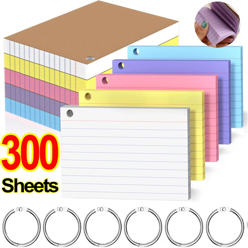 Tarjetas de índice con anillas, bloc de notas para estudio, tarjetas de notas de colores perforadas y rayadas para la escuela, la universidad, la oficina y estudiantes