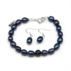 8-9mm Natural Freshwater Pearl Set Potato Shape Elasticity Pearl Beaded Bracalet Necklace Earrings Wedding Party Accessories