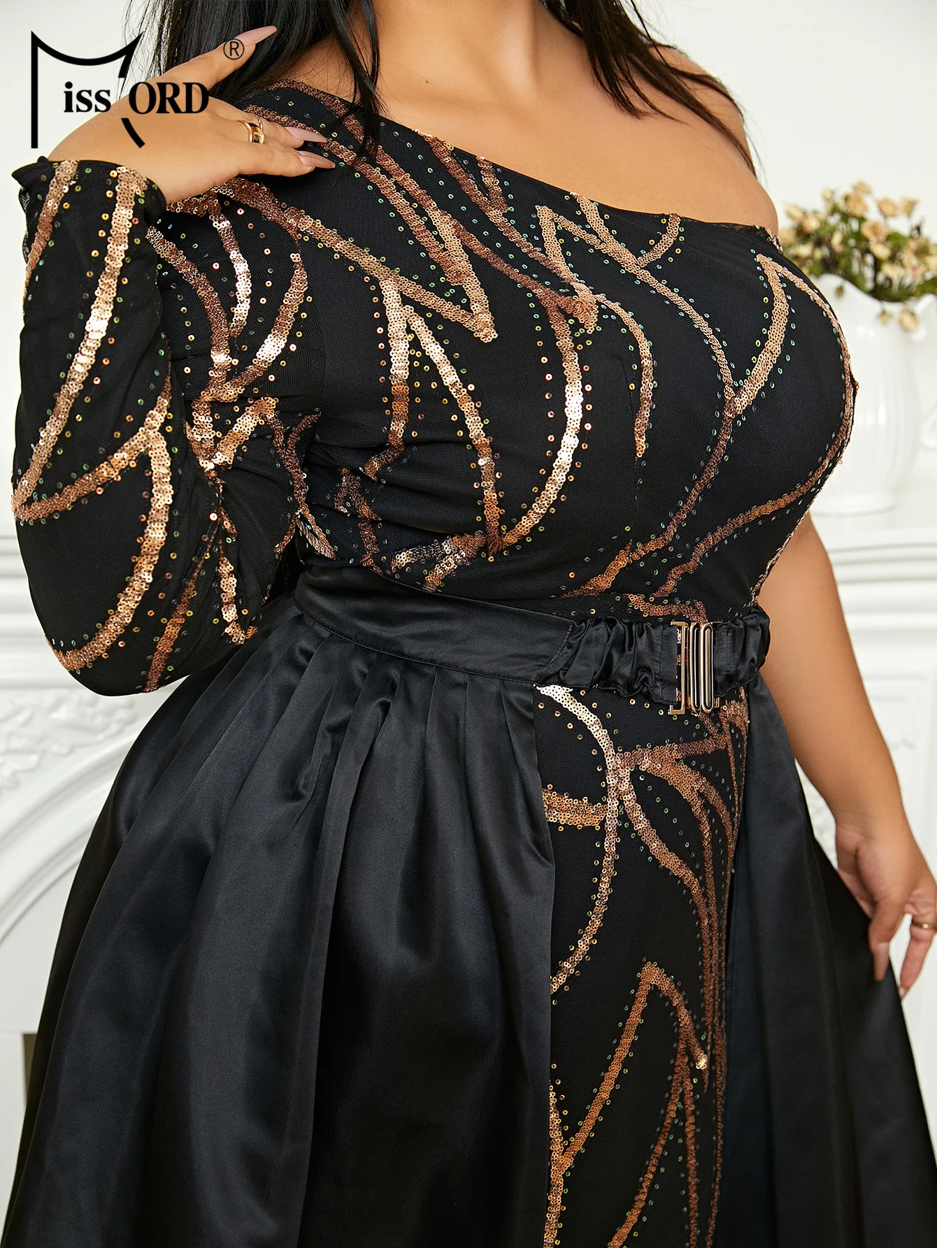 Missord Black Sequin Plus Size Evening Dresses Elegant Women One Shoulder Long Sleeve Belt Maxi Party Prom Dress With Train Gown