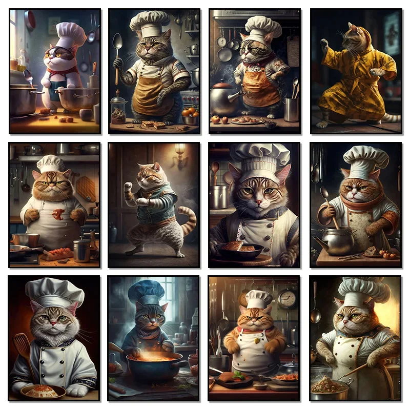 Diamond Painting Funny Fat Cat Chef Posters Print Martial Arts Karate Cat Diamond Painting  Wall Art Cartoon Cooking Animal Pi