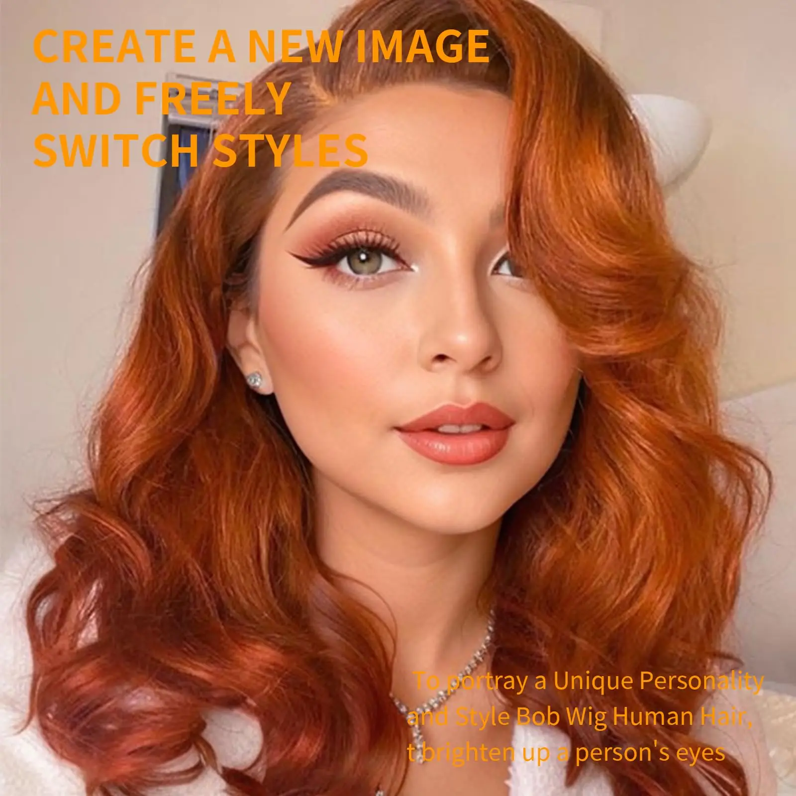 Pelucas sin pegamento de 180% de densidad para mujer, cabello humano con ondas sueltas, color naranja jengibre, 5x5, cierre HD