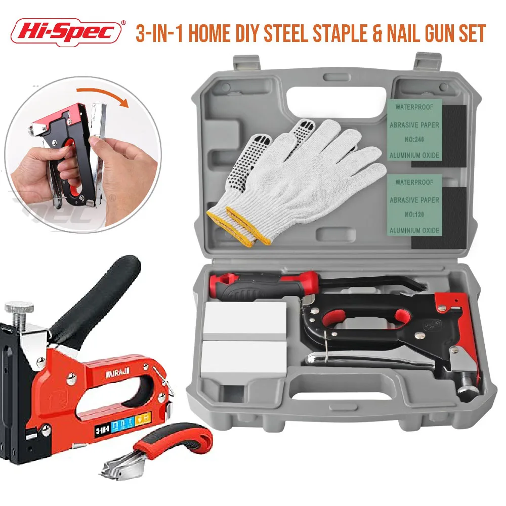 Hi-Spec 3 In 1 Nailer Set Stapler Gun With 600 Staples Manual DIY Nailer Kit For Furniture Construction Stapler Nail Gun Set