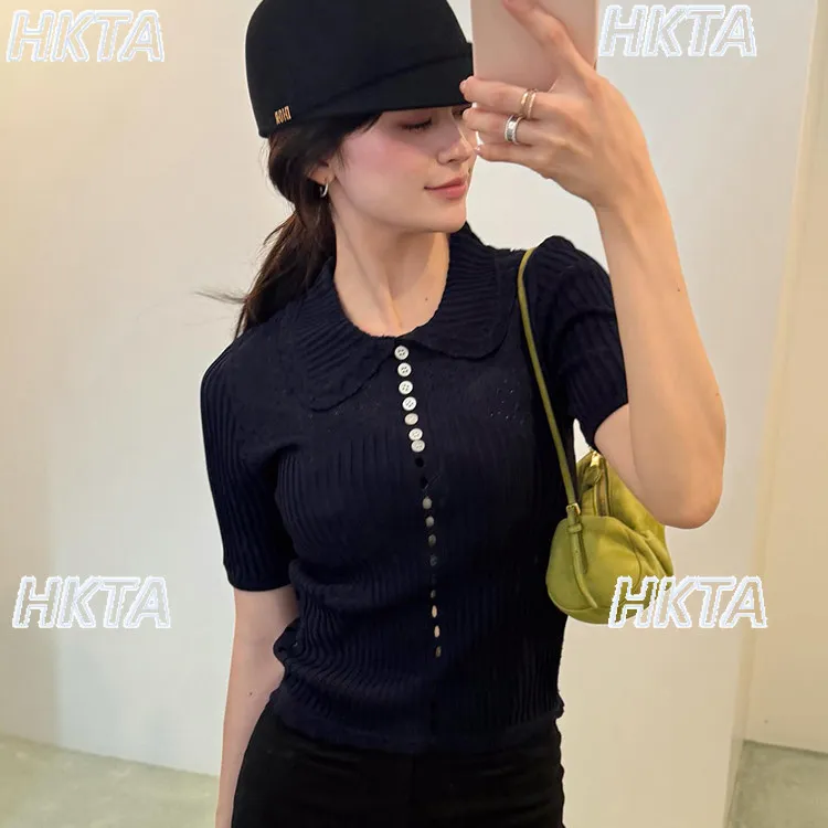Japanese Gentle Lapel Strip Pink Knitted Shirt Women Autumn New Hollow Design Slim Black Short-sleeve Knit Sweater T-shirt Women