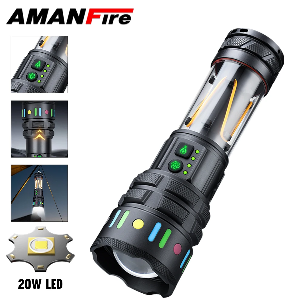 Amanfire A5 Flashligh 20W Linterna LED Recargable Telescopic Zoom Luces Laterales Outdoor Waterproof Stent Flashlight