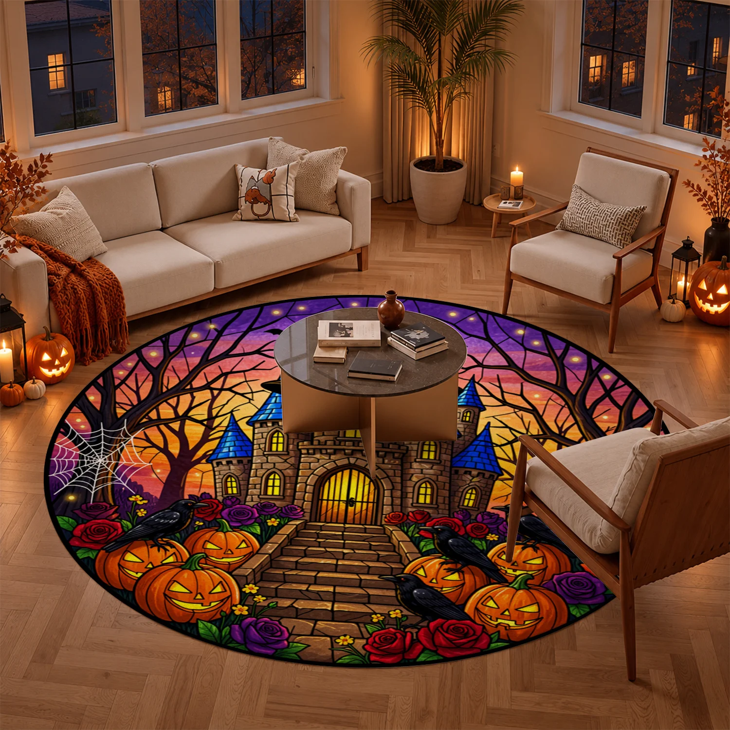 Stained Glass Halloween Castle Jack-o-Lantern Pattern Velvet Decorative Rug Machine Washable Stays In Place Ideal for Living Room Bedroom Entryway Halloween Thanksgiving Christmas New Year Black Friday Cyber Monday