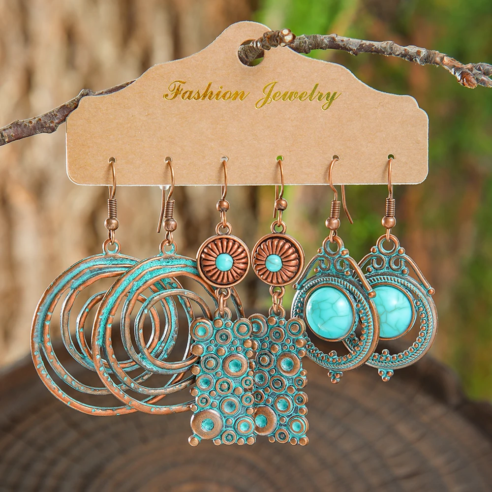 Boho Vintage Bronze Earrings Set Geometric Statement Dangle Earrings with Turquoise Wipe Green Workmanship Daily Wear Versatile