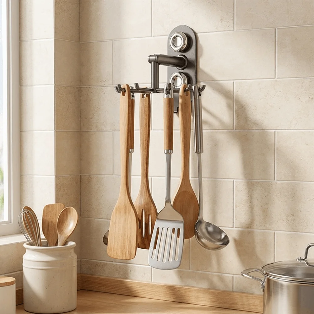 Wall Mounted Rotatable Storage Rack Space Saving Traceless 360° Rotating Hook No Drill Spatula Storage Rack Kitchen Storage
