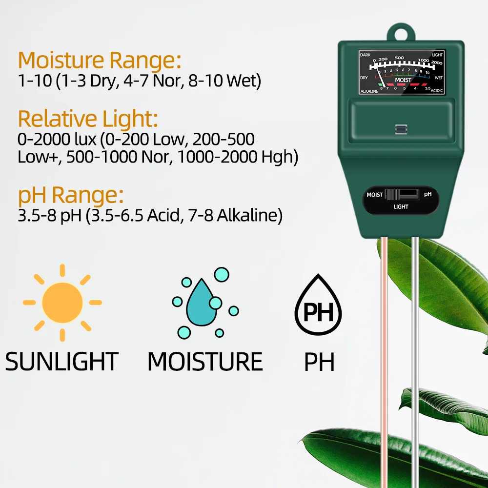 Imagem -05 - Medição de Umidade de Acidez para Plantas e Flores Testador de Luz Solar de Umidade do Solo Medidor de ph Ferramentas de Jardim Alcalino em 1