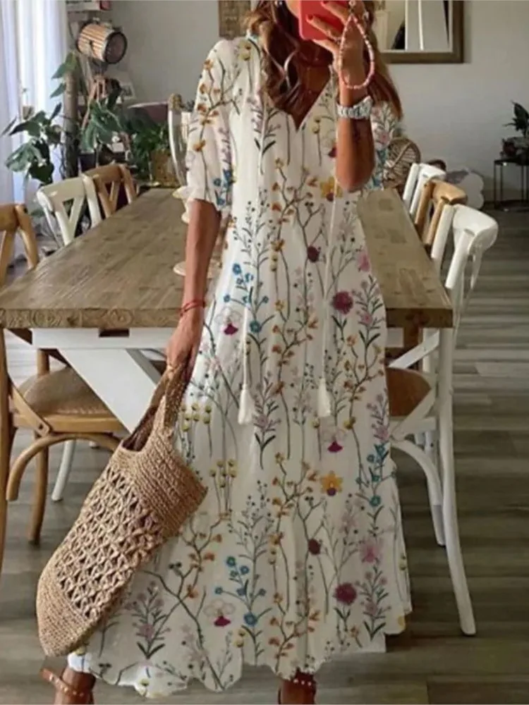 Women\'s 2024 Spring Summer New Casual Sweet Loose Sexy V-neck Fashion Printed Hanging Beard Middle Sleeve Long Dress