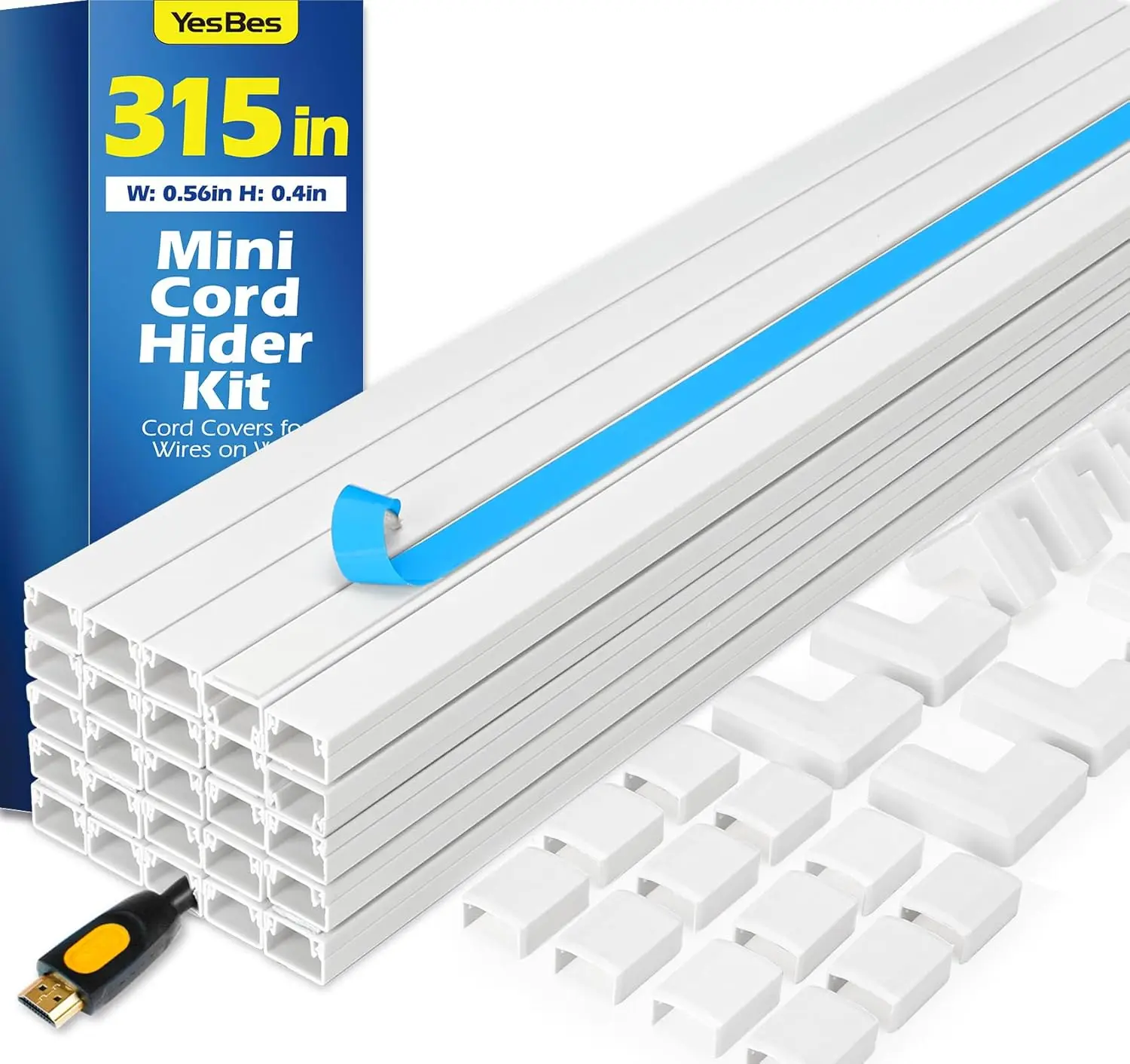 315in Cord Hider Kit, Cord Covers for Wires on Wall, Cable Raceway, 20x15.7x0.59x0.4in, White