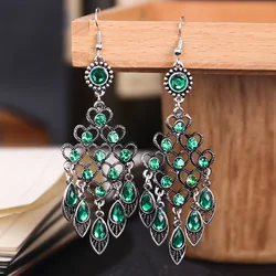 Green Rhinestone Ethnic Style Tassel Water Drop Earrings for Women Elegant Retro Long Silver Color Metal Earring Female Jewelry