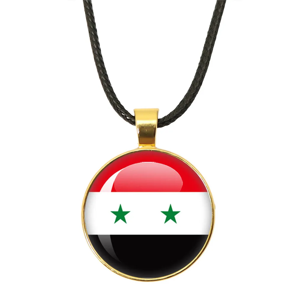 Syria National Flag Black Leather Rope Chain Glass Cabochon Pendant Handmade Necklace Charm Women Jewelry Fashion Gift