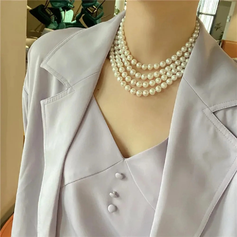 4 Rows - Natural White Round Pearl AAAA8-9mm South Sea Pearl Necklace 925s/18-19-20-22 inch
