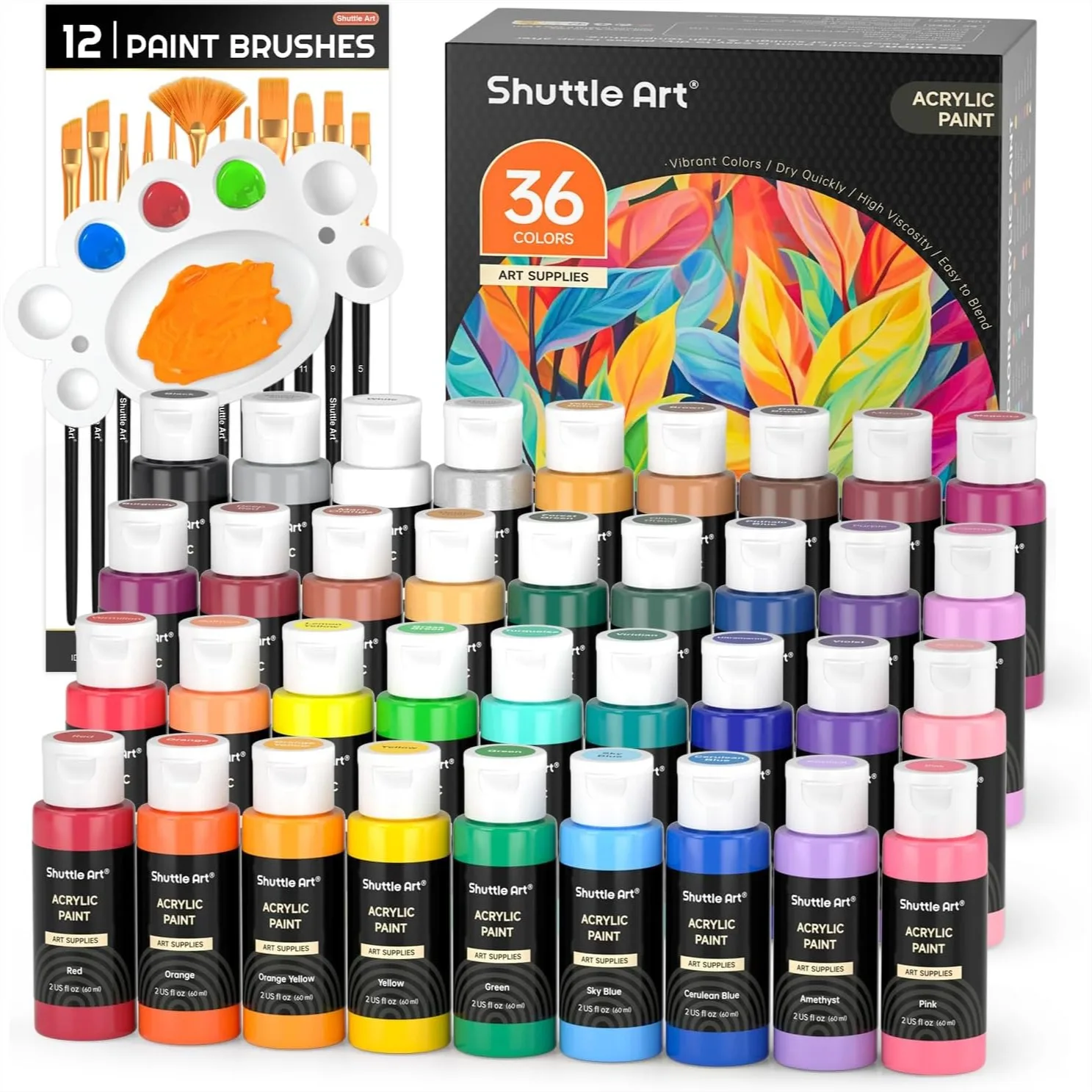 

Acrylic Paint Set 36 Colors with Brushes & Palette, 2oz/60ml Bottles for Canvas Rocks Ceramic Wood, Rich Pigments for Artists
