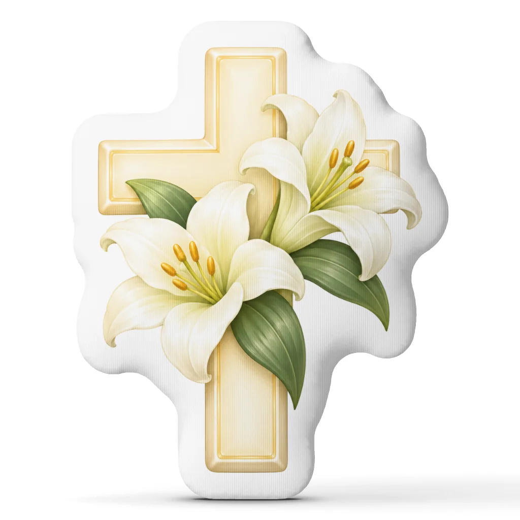 Christian Cross and Lily Throw Pillow Easter Religious Faith Cushion Shaped Stuffed Plush Accent Pillow Home Decor Sofa Gift