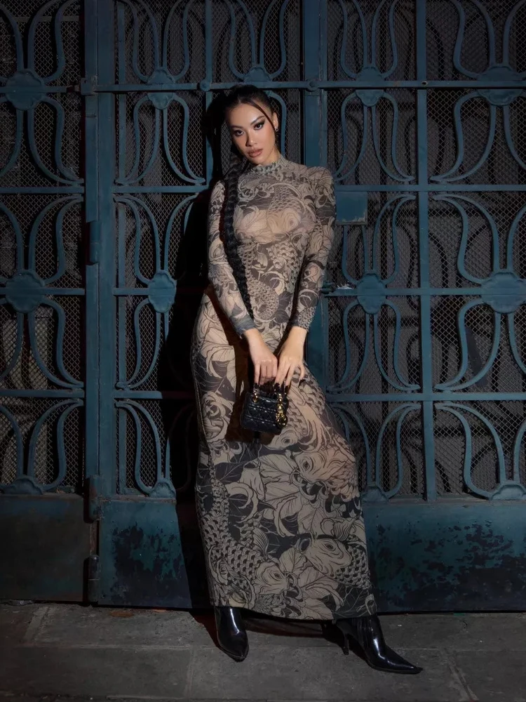 ReddaChic Y2k Letnia Sukienka z Siateczki Sexy Prześwitująca Dekolt typu Mock Długi Rękaw Cała w Nadruki Maxi Sukienka Bodycon Wieczorowa Suknia Damska