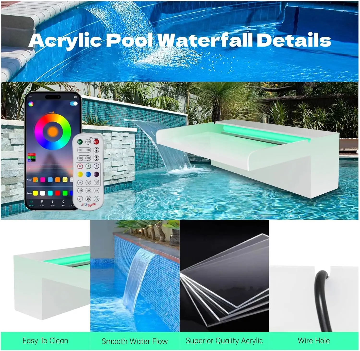 Pond Waterfall Spillway, App Control Multi-Color Led Light Outdoor Pool Fountain, Acrylic Water Spillway Koi Fountains Kit For