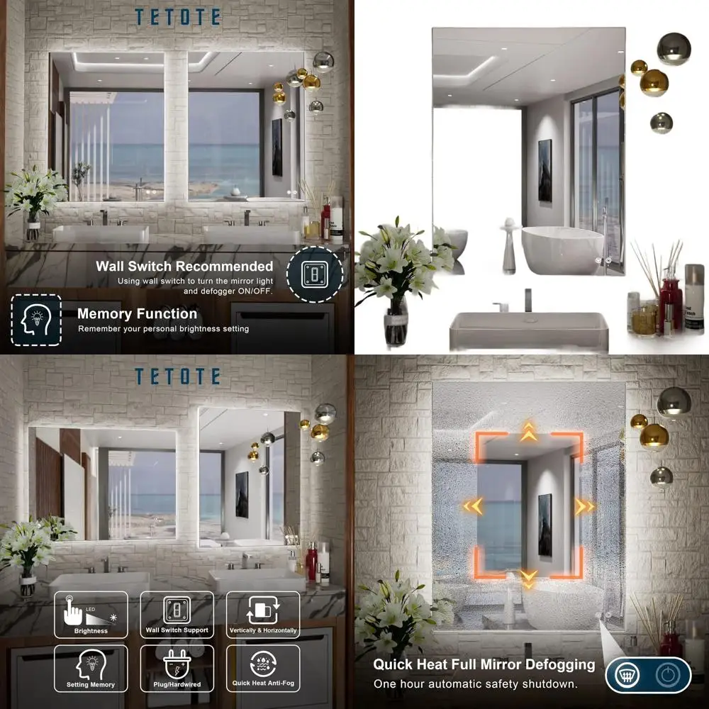 

Зеркало со светодиодной подсветкой 24 x 32 дюйма, противотуманное, с регулируемой яркостью, CRI90+, сенсорное управление, водонепроницаемое, настенное косметическое зеркало с Li