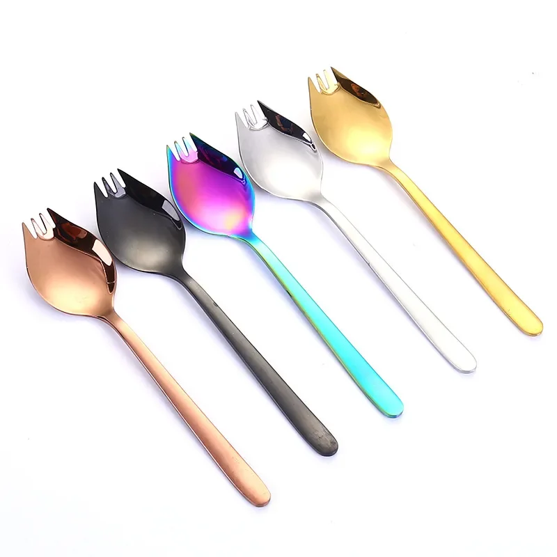 Fruit Fork Spoon Stainless Steel Ice Cream Salad Dessert Tableware Cake Snack Salad Fork Spoon 2 In 1 Colorful Bento Accessories