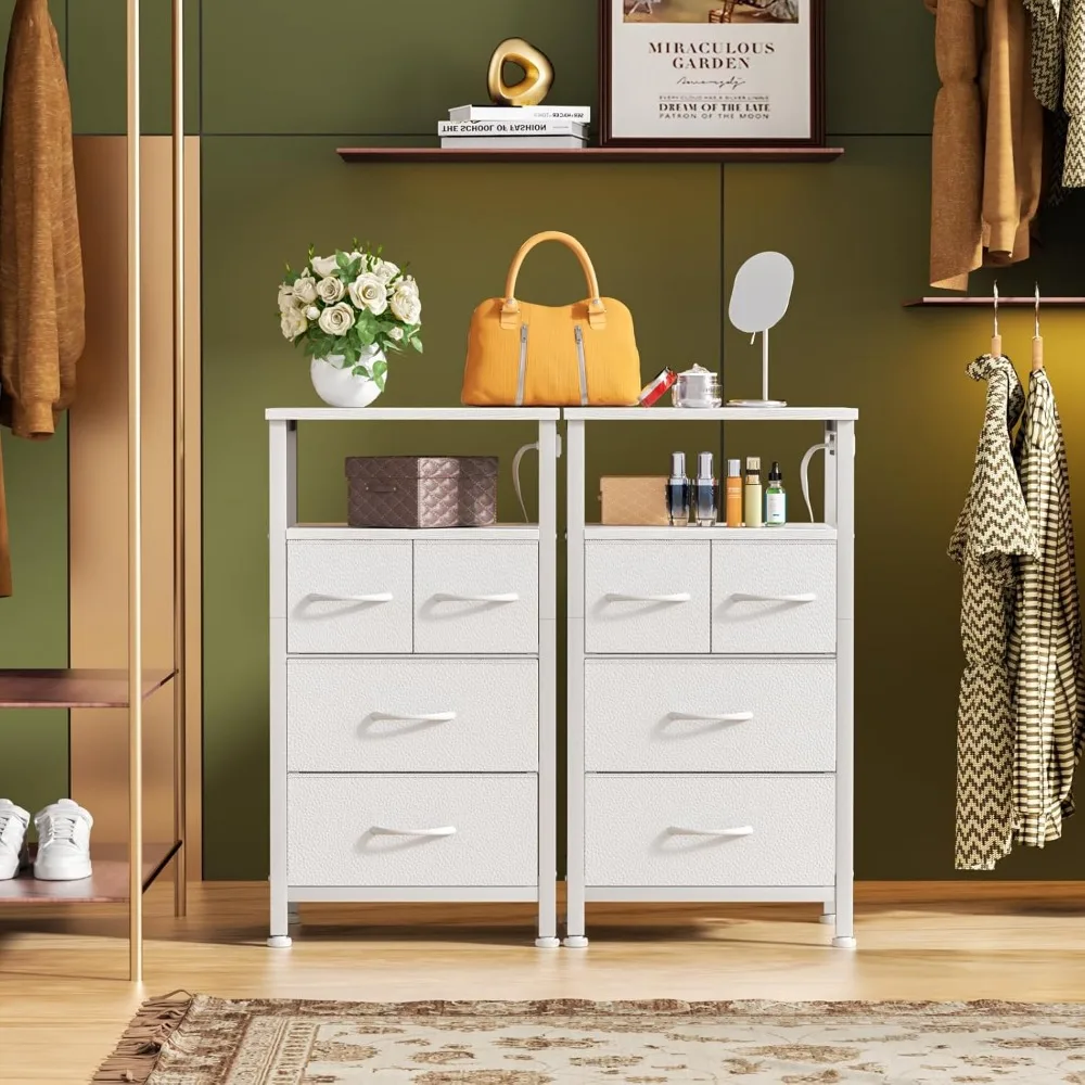 خزانة Furnulem ذات 4 أدراج مع ضوء LED ومحطة شحن، حامل ليلي أبيض مع رف تخزين وقماش ودرج PVC، 33 #6