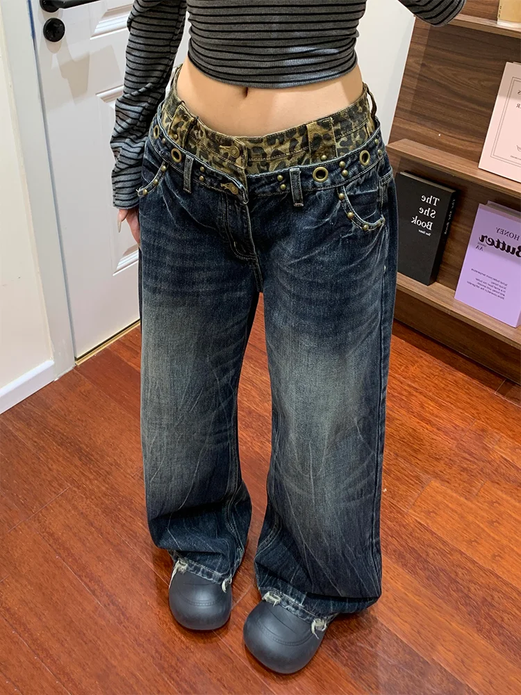 

Retro American Large Size Denim Jeans Women's Loose Rivet Patchwork Wide Leg Pants Leopard Print Double Waist Head Jeans