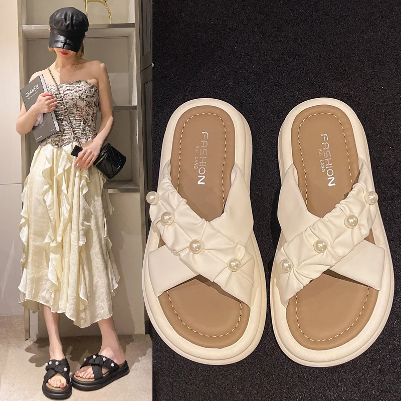 

Flip-flops women 2024 new wear fashion thick-soled pearl pleated cross Roman style open-toed flip-flops women