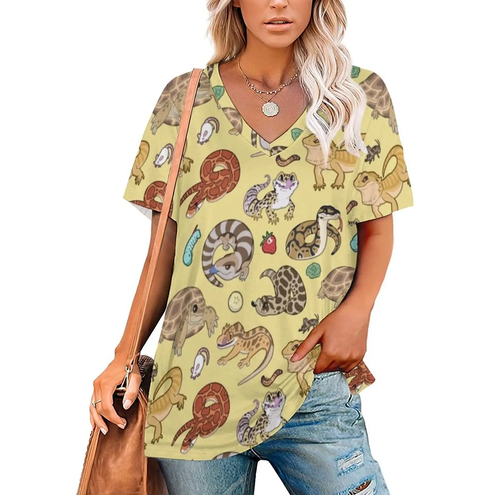 Reptile Pets Pattern-Yellow Ruffle Short Sleeve T-Shirt Women's V Neck Print T Shirt Tops Bearded Dragon Beardie Ball Python