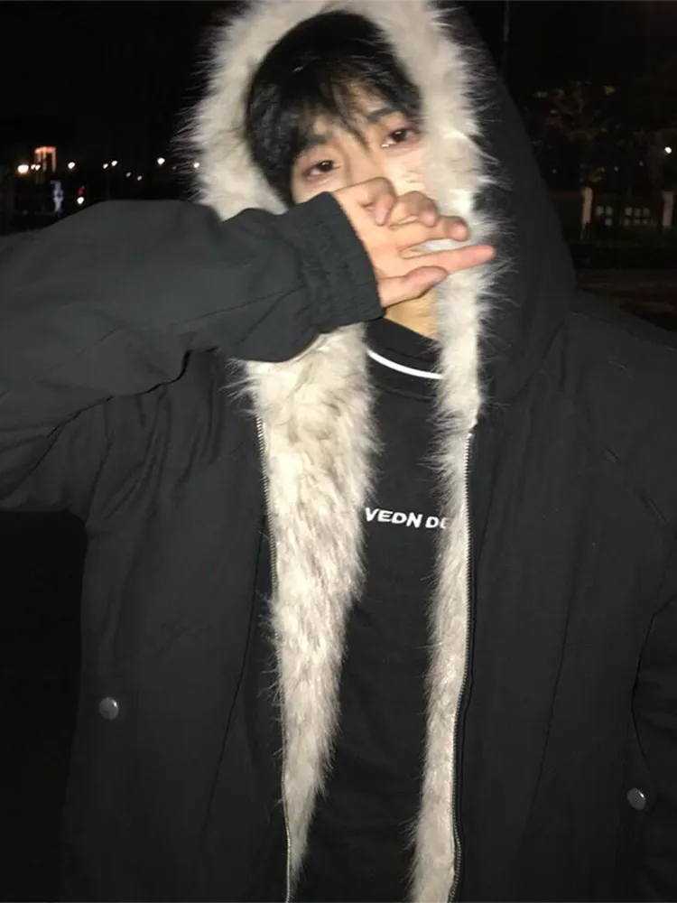Cleanfit Men's Hooded Jacket Thickened Cotton Padded Short Coat Warmth US Style Winter Outerwear with Fur Collar Zipper Closure