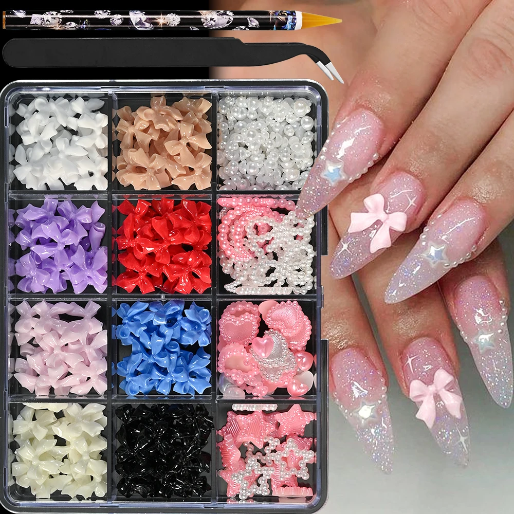 12Grids Nail Charms Kit with Tweezer & Dotting Pen 3D Aurora Bow Rhinestones Pearls Star Heart Bows Nails Jewels Manicure Parts