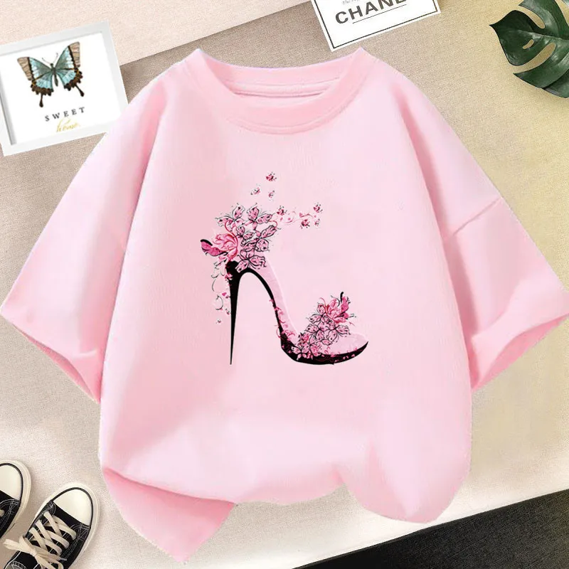 Fashion Girls Tshirt Butterfly High Heel Shoes Pink T Shirt Tops Print Tshirt 2023 Summer Short Sleeve Tee Shirt