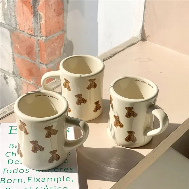 

Корейские современные кружки Ins, кофейные чашки, сплошной цвет, мультяшный плюшевый мишка, керамическая чашка для хлеба, молока, журнальный столик, настольная посуда для питья