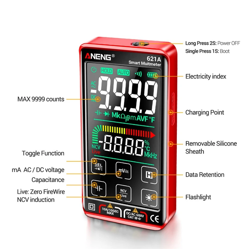 ANENG 621A Touch Screen Intelligent Digital Multimeter 9999 Counts Auto Range Rechargeable NCV Universal Meter Ammeter