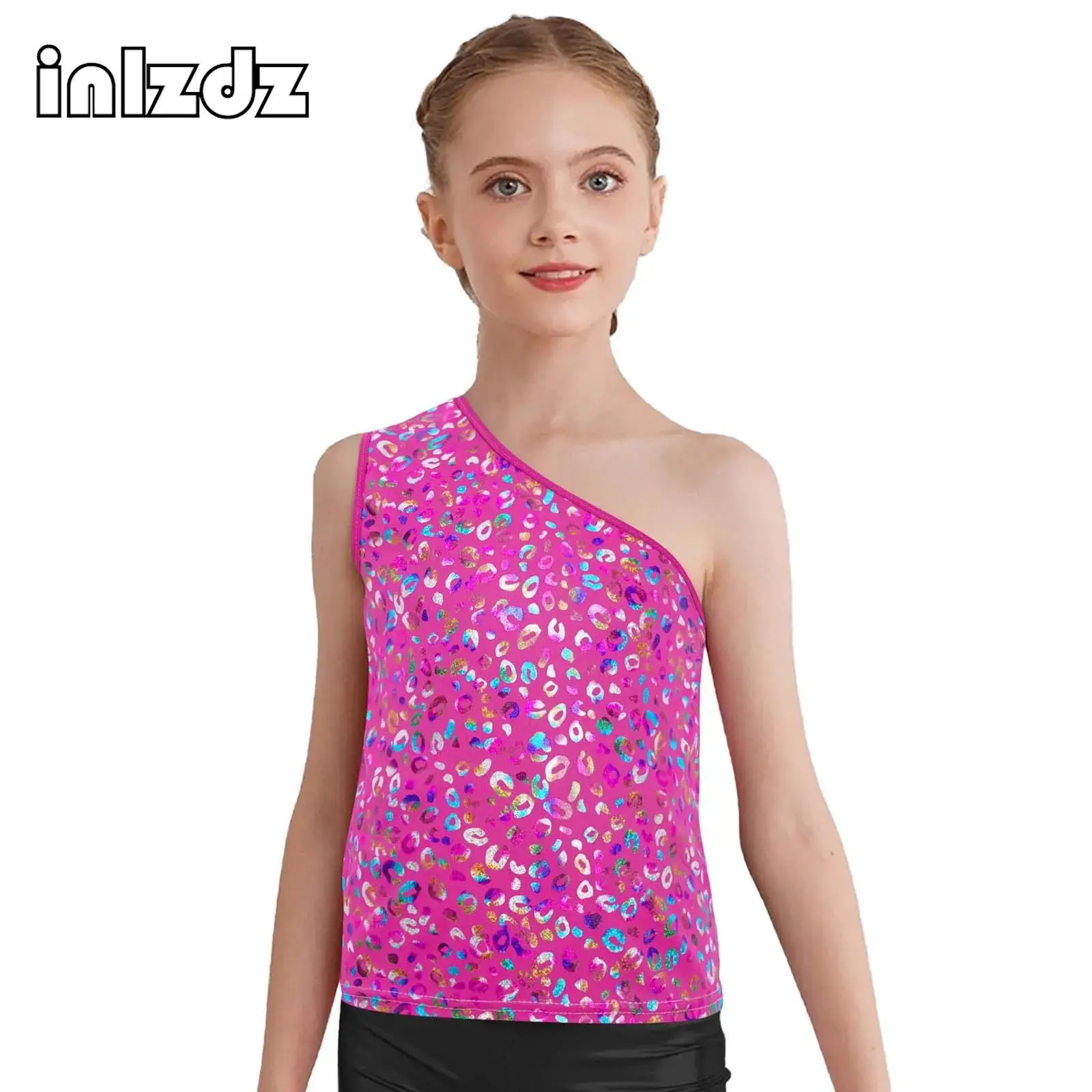 

Детский металлический топ с леопардовым принтом для девочек, на одно плечо, без рукавов, для джазовых танцев, выступлений, хип-хопа, костюм для чирлидинга