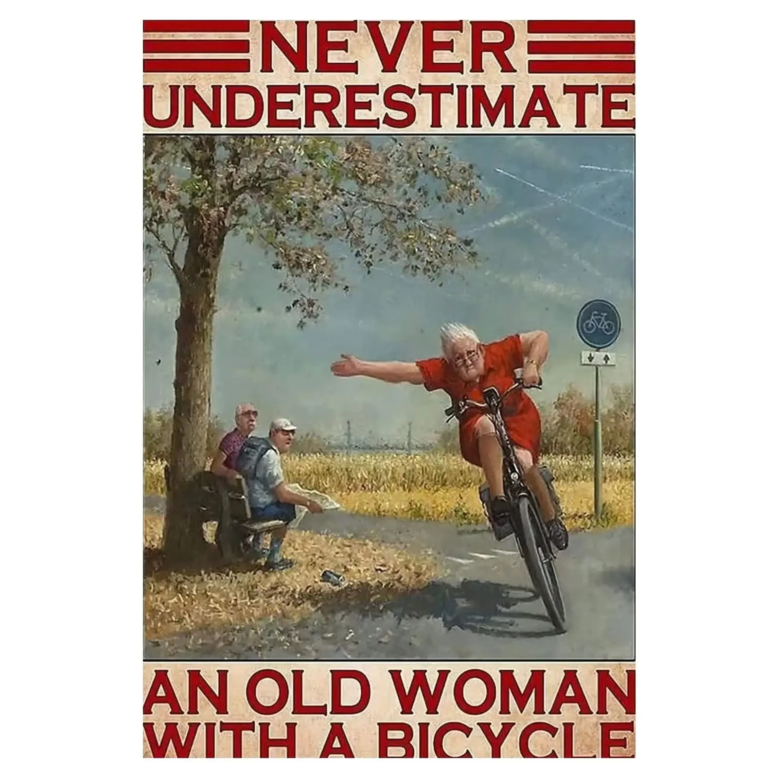 Never underestimate an old woman on a bicycle Vintage Metal Tin Sign Home Decor Fun Novelty Kitchen Bar Club Garage Garden Farm 