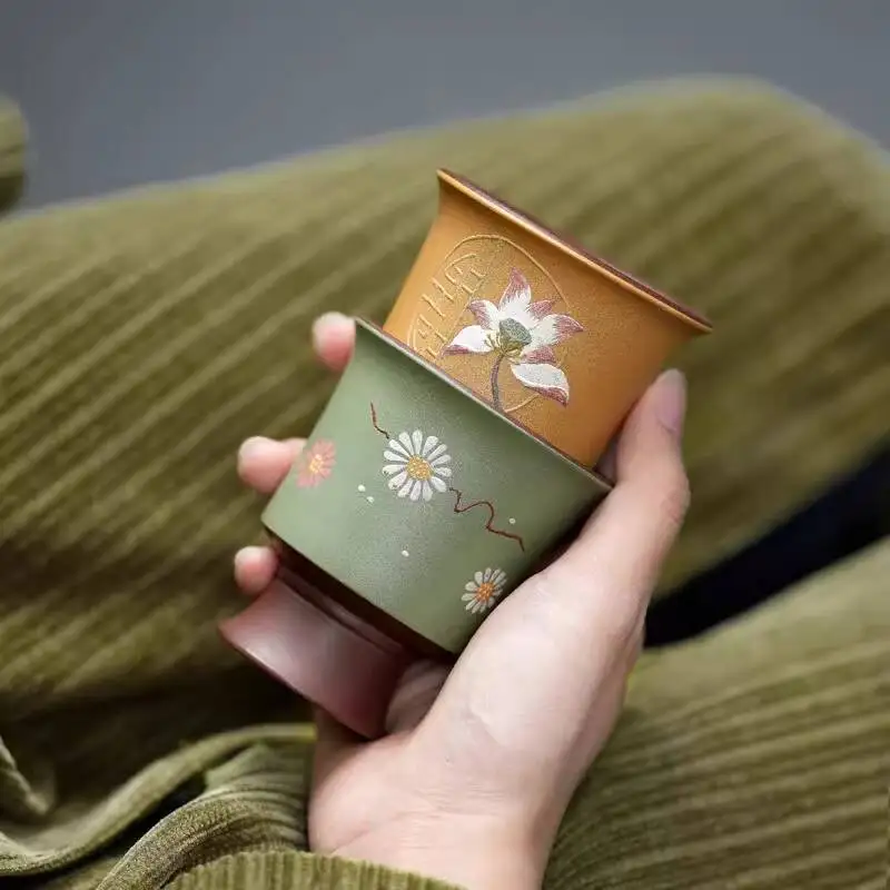 [Not Ordinary Pot]Yixing Original Mineral Handmade Tea Master Cup Purple Clay Painted Powder Glaze Style 50Cc