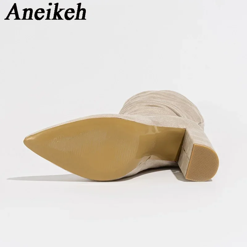 Aneikeh Lente Herfst Dames Dikke Hak Laarzen Gevouwen Elastische Doek Puntige Kleine En Middelgrote Kuit Laarzen Botas Femininas