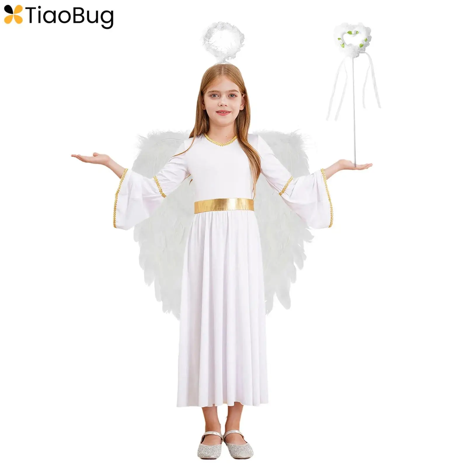 

Girls Angel Dress Halloween Cosplay Costume Long Sleeve Gold Trim Patchwork Gown Dress for Theme Party Performance Role Play