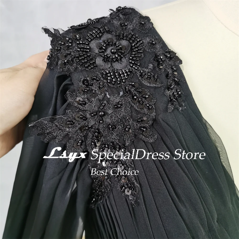 LSYX Black Beaded Chiffon Floor length Evening Party Dress V Neck Applique High Waist Prom Gown Elegant Pleat Ruching A-line