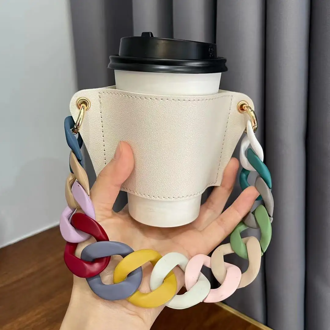 New Color Alternate Acrylic Bracelet Milk Tea Leather Cup Set Portable Hot Water Cup Leather Case Portable Storage Set Keyring