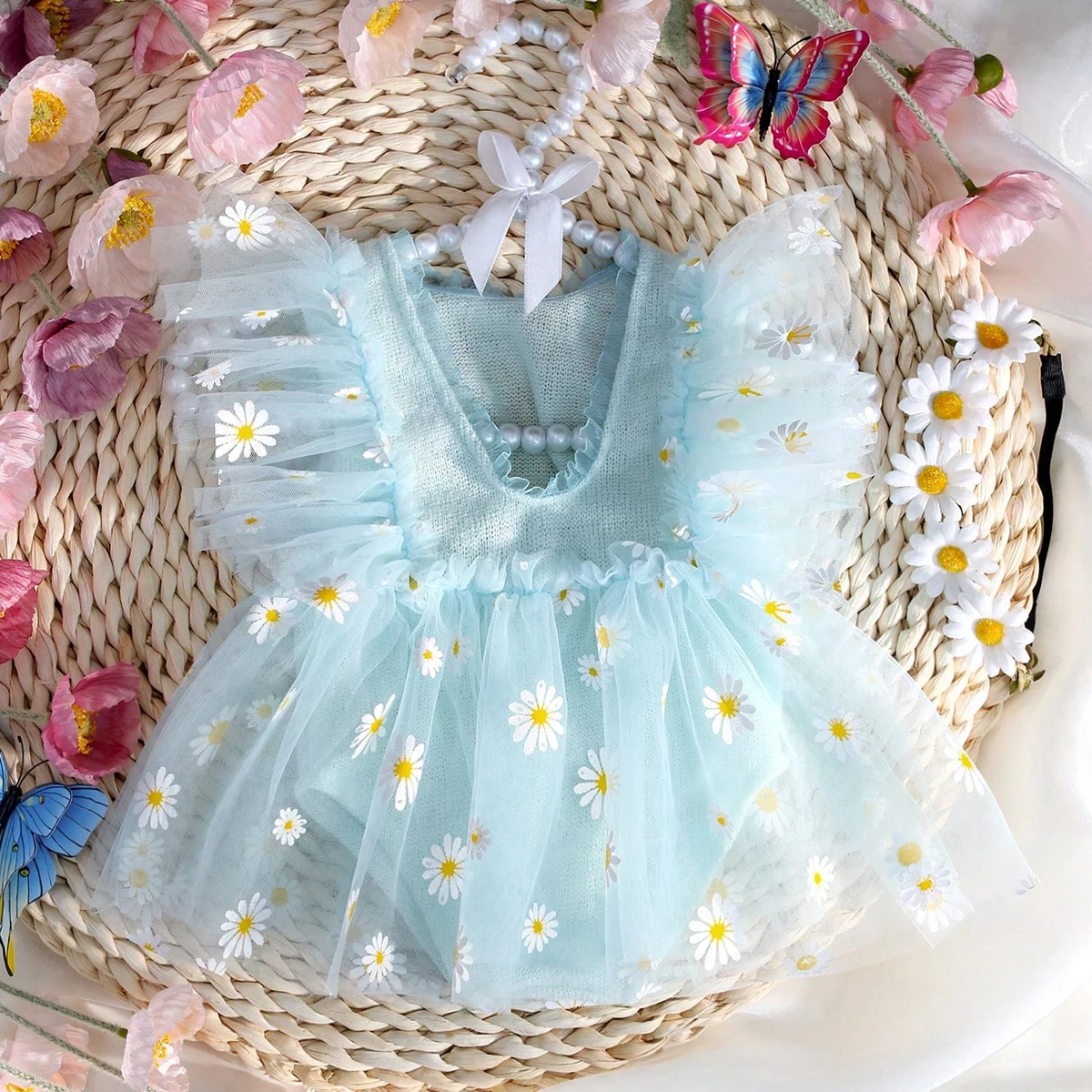 Ylsteed Newborn Girl Photoshoot Outfits Baby Girl Mesh Dress Romper with Headband One Hundred Days Infant Picture Outfits Props