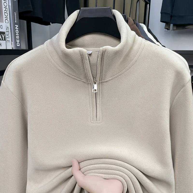

Новинка осени/зимы 202, мужская однотонная толстовка с воротником-стойкой и полумолнией с бархатом, универсальный теплый толстый топ для мужчин